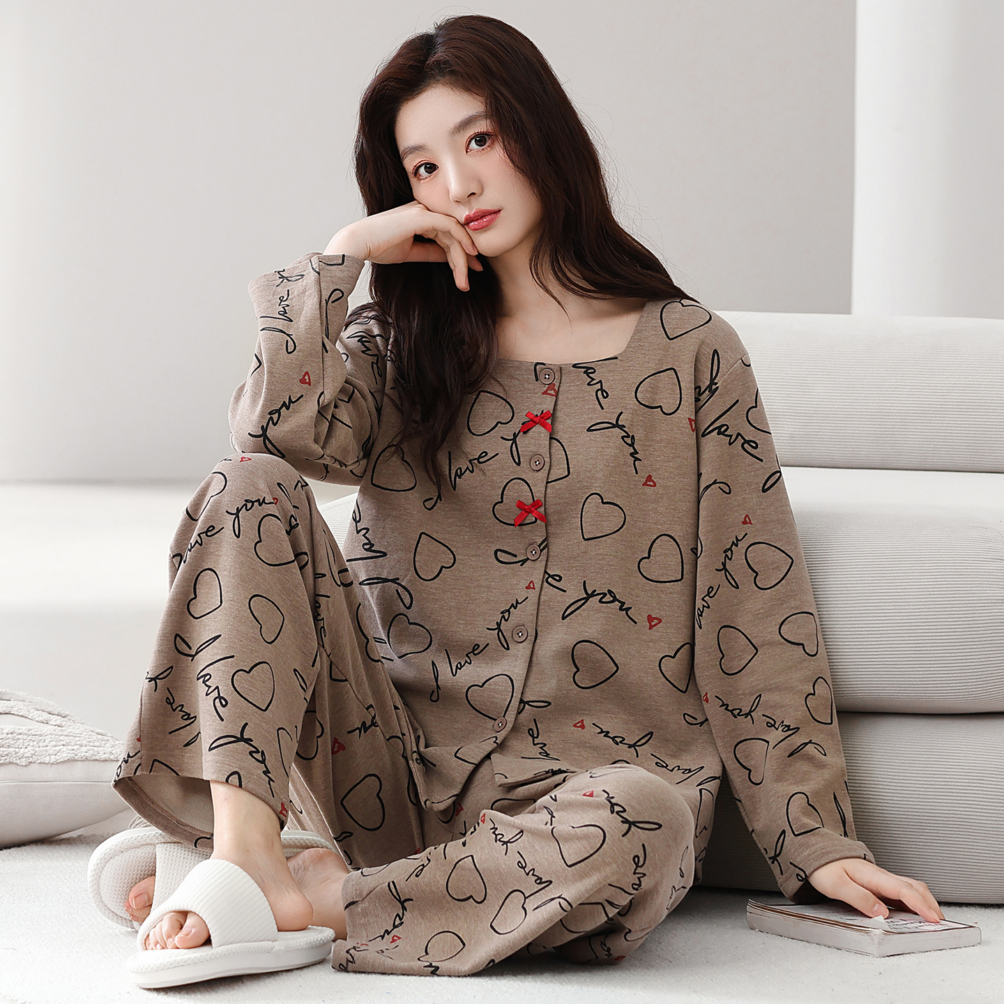 羊毛蚕丝德绒长袖睡衣套装加绒女