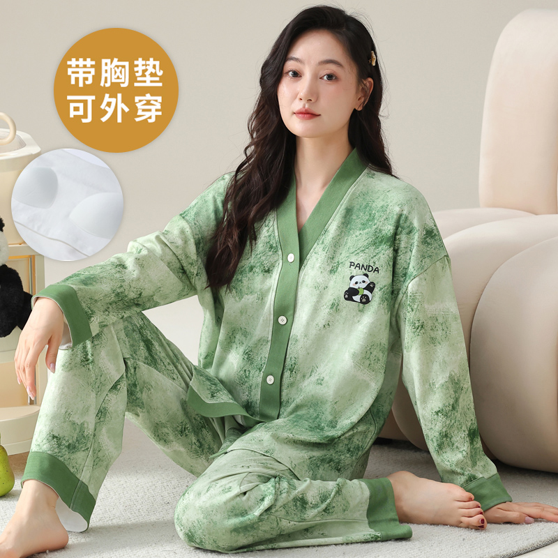 长袖睡衣套装女款棉春秋季自带胸垫一体开衫大码家居服夏冬天和服