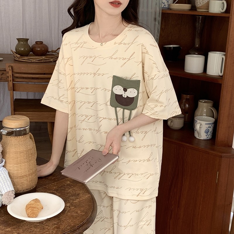 夏季短袖睡衣套装女士长裤家居服大码薄款学生可外穿春秋卡通运动