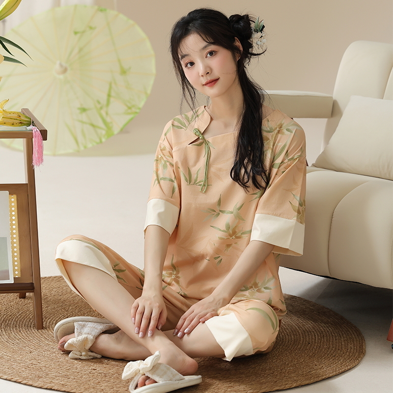 夏季女士短袖睡衣套装棉新中式国风薄款家居服可外穿七分裤夏天
