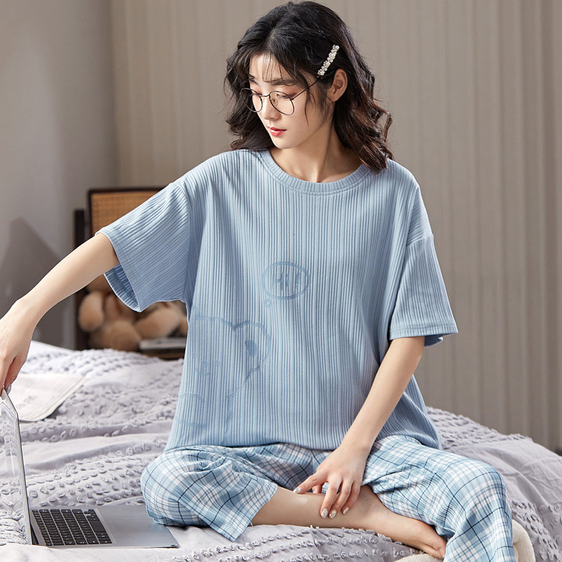 夏季短袖睡衣套装女条纹七分裤家居服大码夏天运动卡通可外穿格子