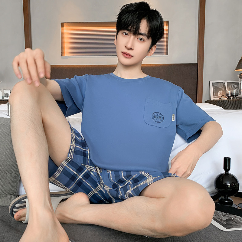 加肥加大码薄款格子夏季男士睡衣套装运动家居服短袖可外穿青少年