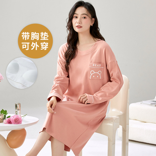 春秋季长袖自带胸垫一体睡裙女夏冬天家居服中长款卡通可外穿薄款