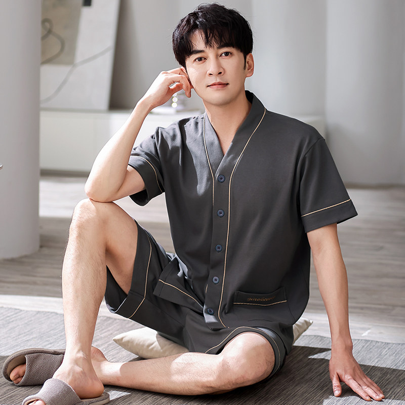 夏季男士睡衣开衫加肥加大码套装