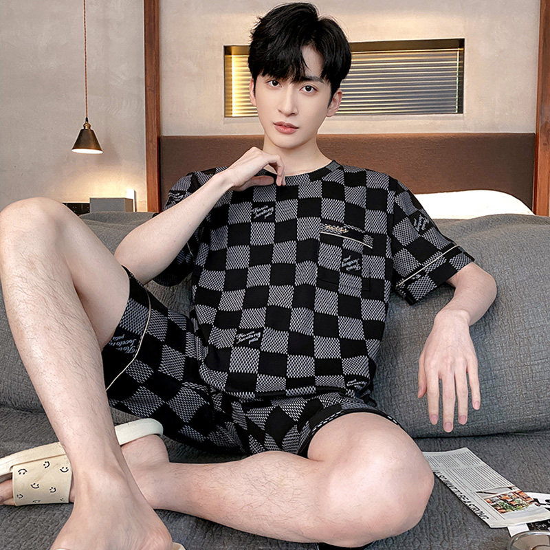格子学生春秋夏季男士睡衣套装家居服短袖加肥加大码可外穿青少年