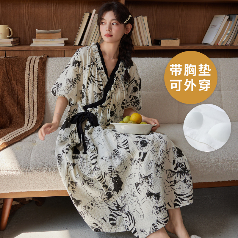 夏季短袖睡袍开衫女自带胸垫一体睡裙家居服日系和服浴袍休闲高级