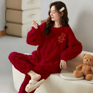 女士红色新婚睡衣套装秋冬季法兰绒加绒加厚结婚本命年珊瑚绒保暖