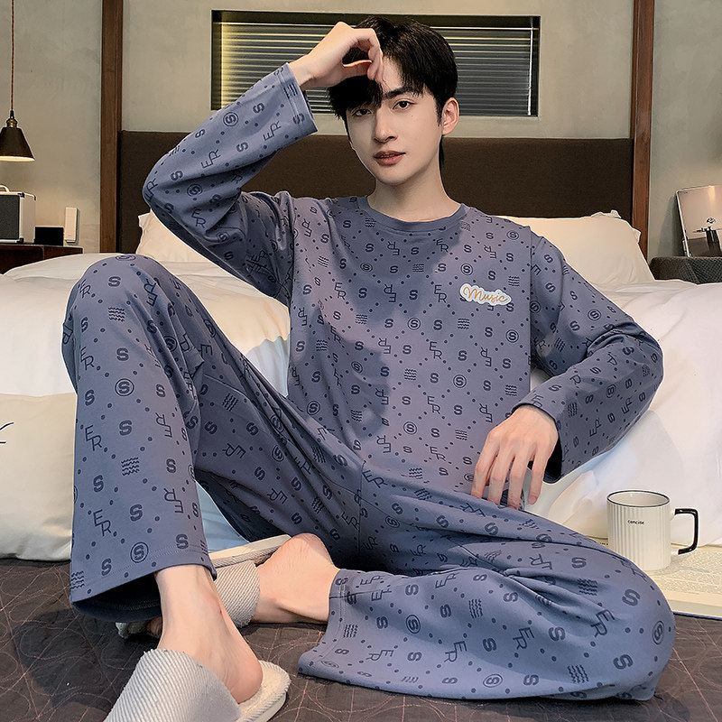 运动长袖全棉春秋季夏冬天家居服薄款青少年100%纯棉睡衣套装男士