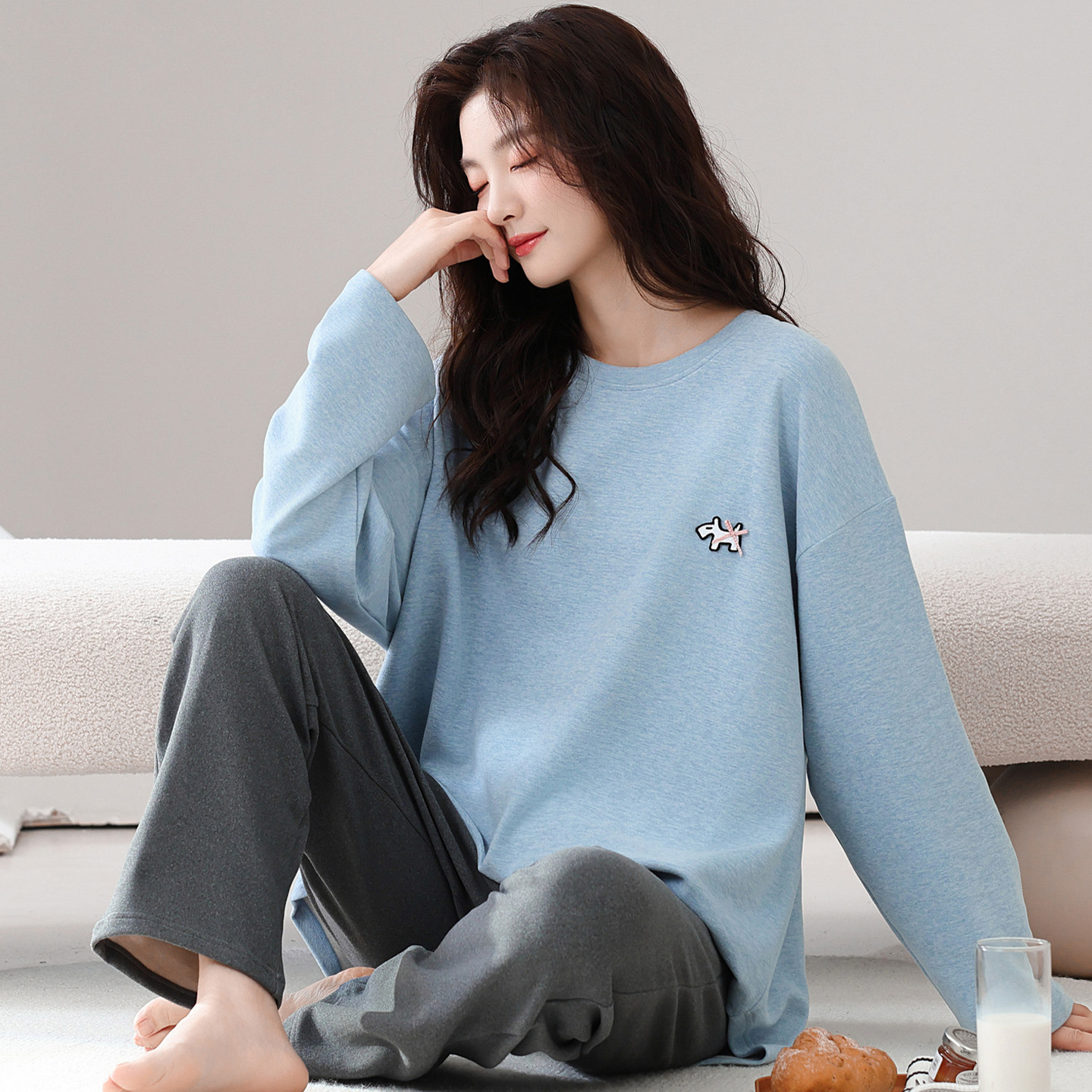 羊毛蚕丝德绒长袖睡衣套装加绒女