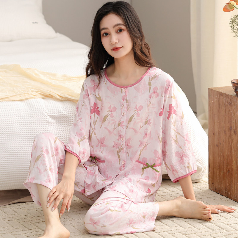 夏季云朵棉睡衣套装女碎花九分裤春秋天大码家居服开衫卡通可外穿