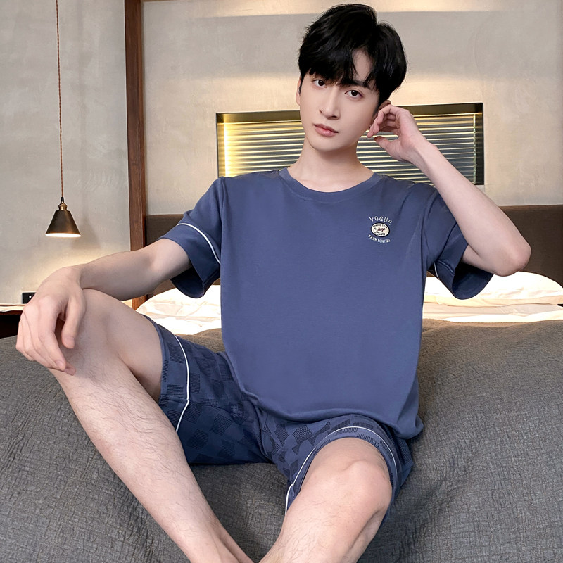 休闲可外穿青少年加肥加大码格子格子夏季男士睡衣套装家居服短袖