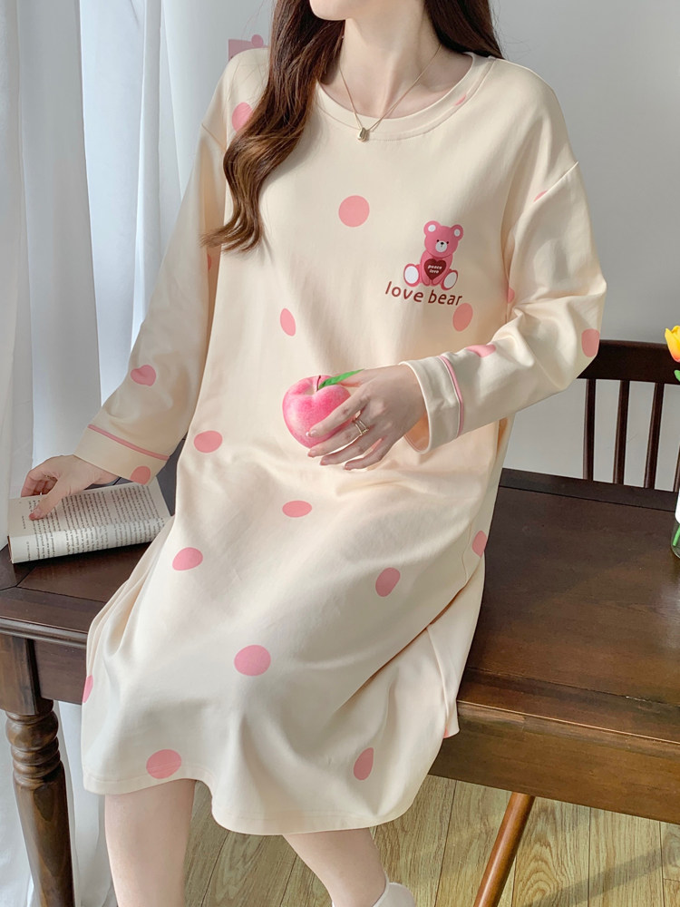 봄 가을 순면 여성용 잠옷 여름 겨울 학생 가정복 외부에서 입을 수있는 귀여운 루즈 긴팔 중간 길이 잠옷