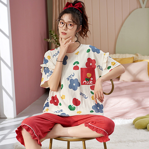 睡衣女士夏季纯棉可爱学生短袖七分裤薄款两件套装夏天卡通家居服
