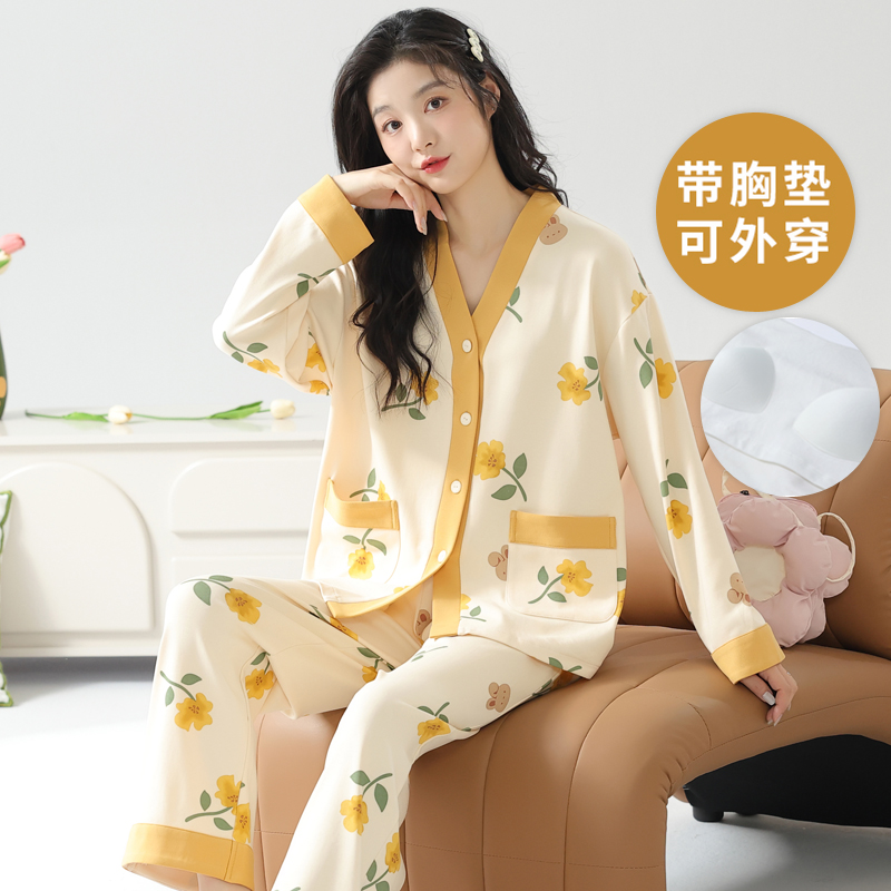 女自带胸垫一体长袖和服家居服