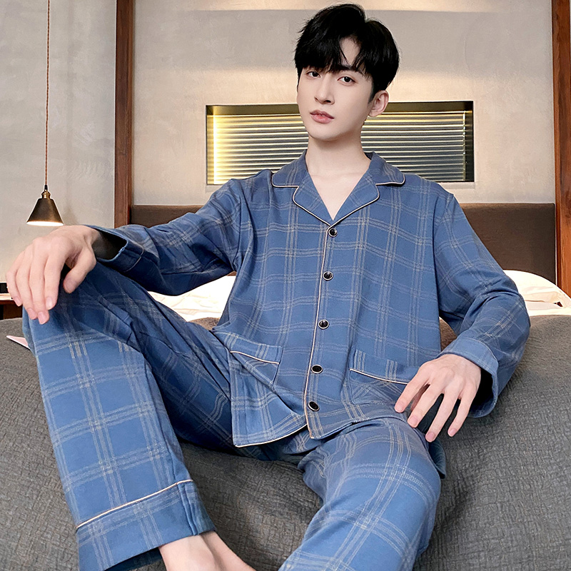 春秋季长袖睡衣套装男士家居服夏冬天韩版大码薄款格子可外穿运动