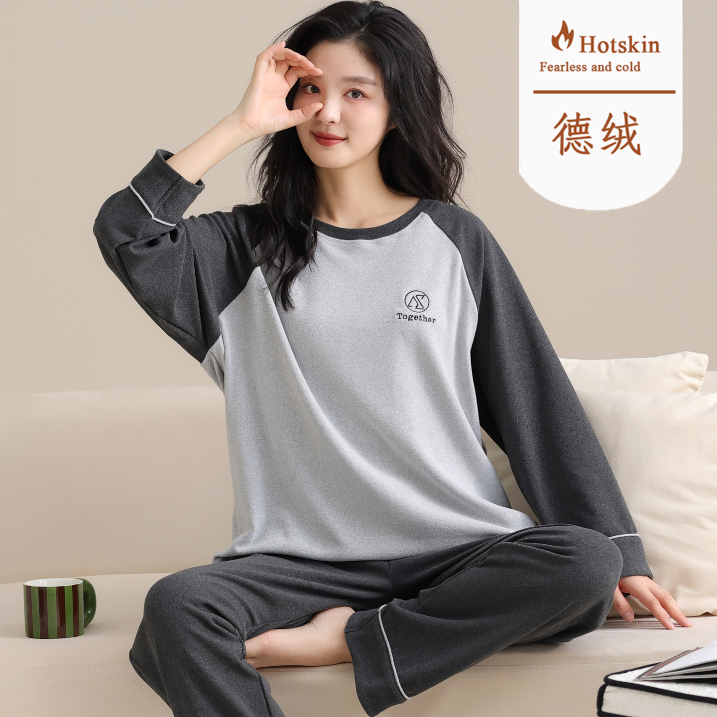 德绒长袖睡衣套装女士保暖加厚