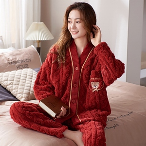 珊瑚绒睡衣女士秋冬季保暖加厚加绒法兰绒和服套装红色春款家居服