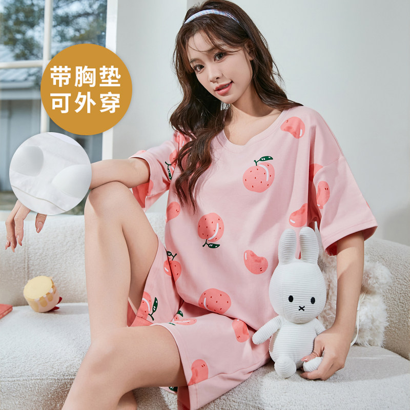 夏季女士睡衣带胸垫一体短袖套装