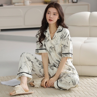 夏季女士长袖睡衣套装薄款开衫休闲运动家居服长裤可外穿韩版学生