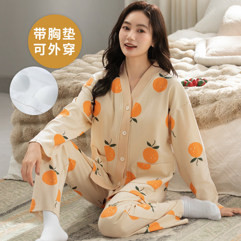 自带胸垫睡衣女春秋长袖夏冬开衫