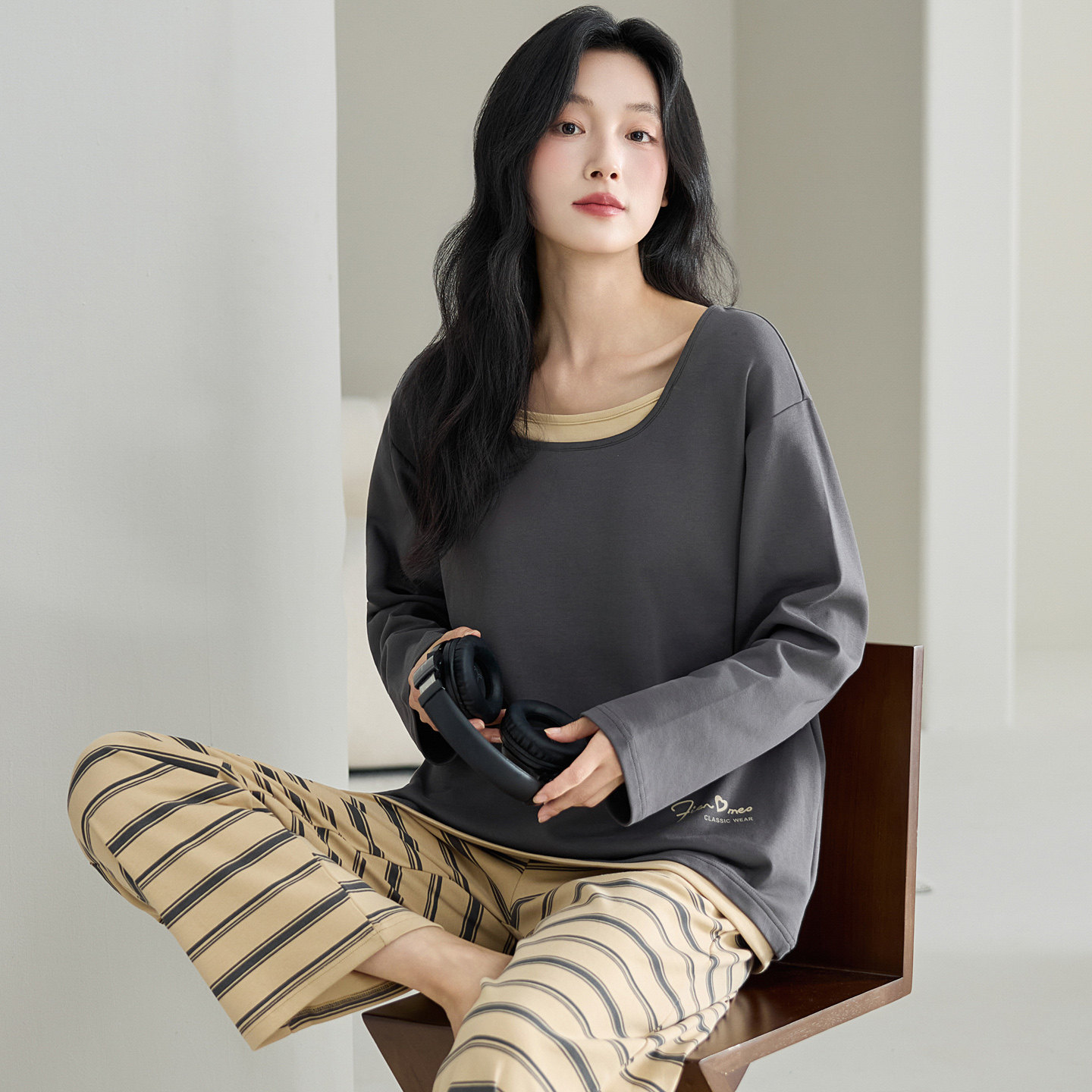 春秋季长袖睡衣套装女士全棉夏冬天家居服100%纯棉条纹可外穿运动