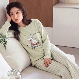 女款韩版大码睡衣春秋季长袖纯棉夏冬天全棉套装运动家居服可外穿