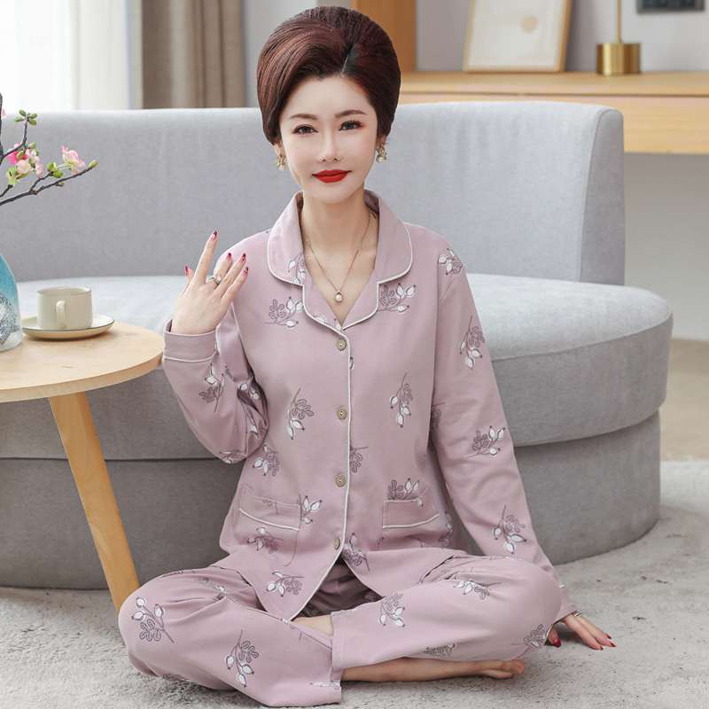 女棉大码中老年长袖开衫家居服