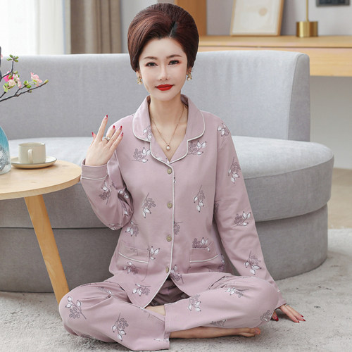 女棉大码中老年长袖开衫家居服