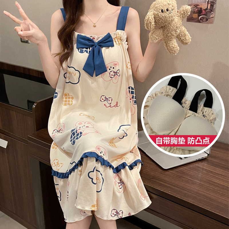 自带胸垫睡衣女士夏吊带睡裙中款