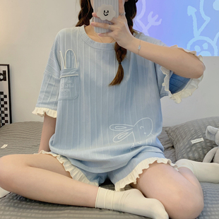 夏季女士短袖睡衣套装大码家居服韩版薄款可外穿春秋休闲可爱卡通