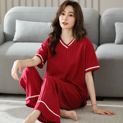女士棉宽松休闲短袖长裤家居服