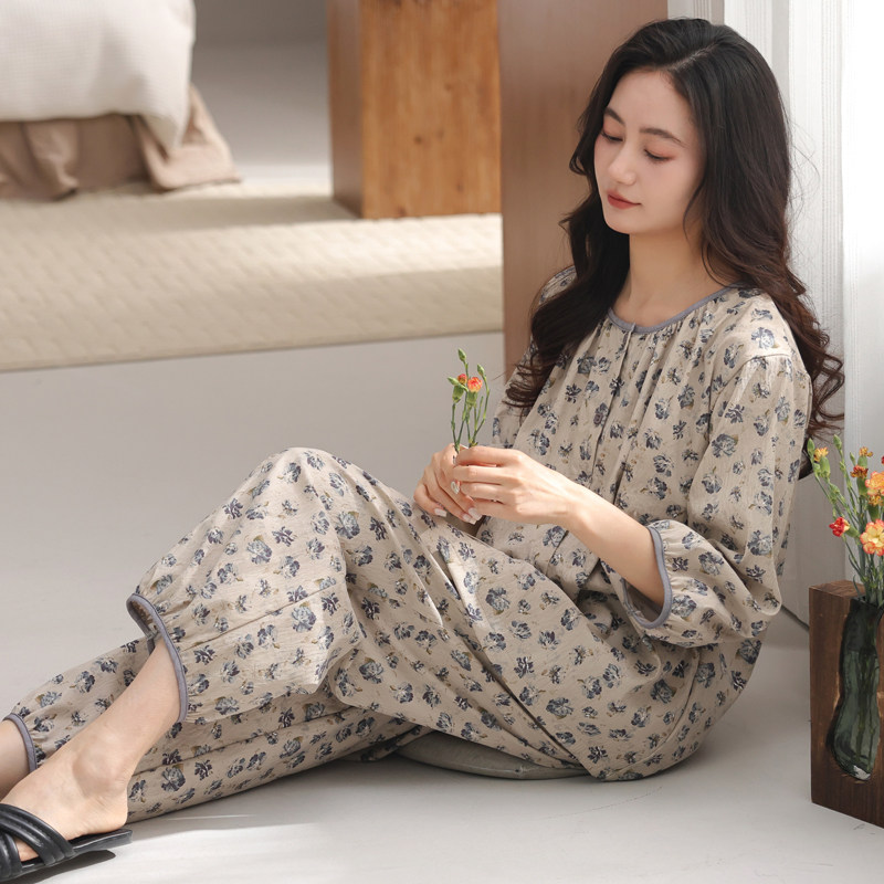 夏季云朵棉七分袖睡衣套装女云朵棉大码九分裤开衫家居服春秋天