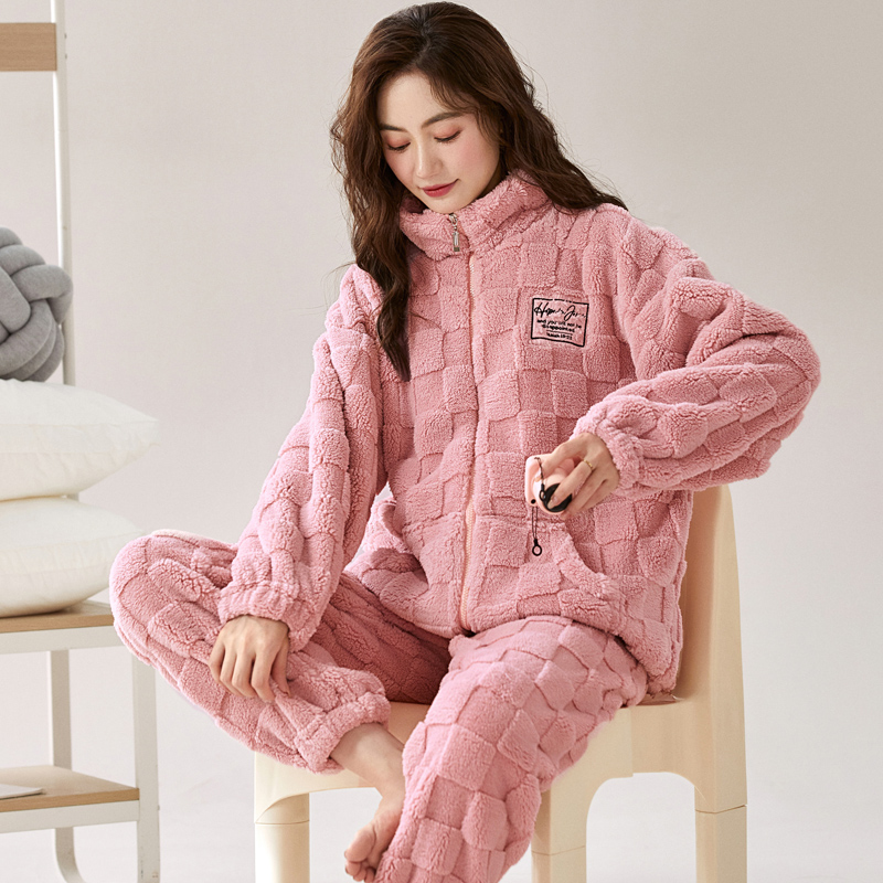 拉链保暖睡衣套装加绒加厚法兰绒