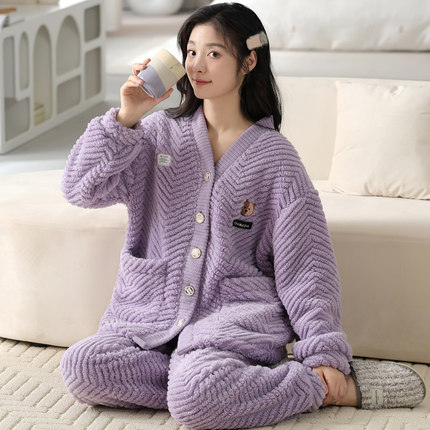 睡衣女款秋冬季珊瑚绒和服加厚加绒开衫套装保暖法兰绒春天家居服