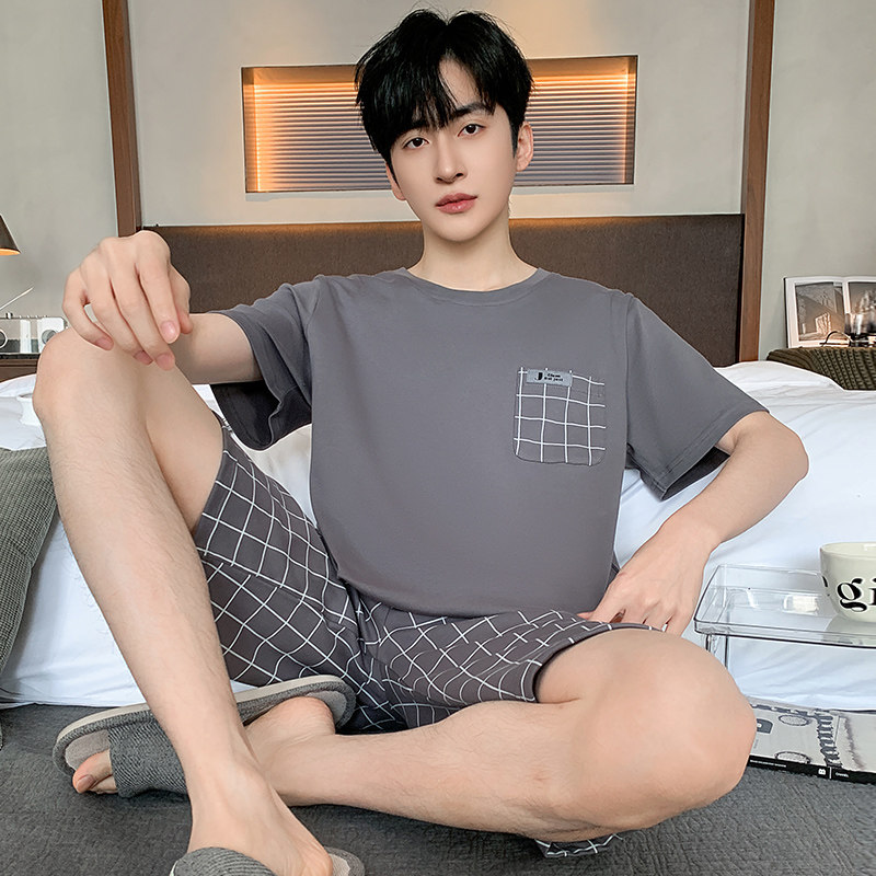 睡衣套装运动家居服短袖可外穿青少年加肥加大码格子格子夏季男士