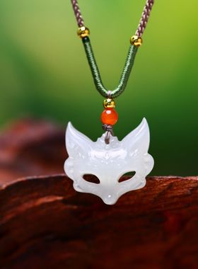 精致和田白玉青海料狐狸面具吊坠项链女红珠装饰可爱精致挂件饰品