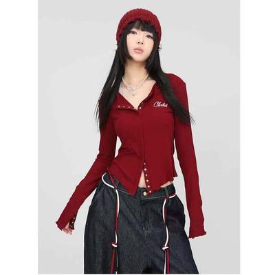 长袖爵士修身刺绣性感小衫