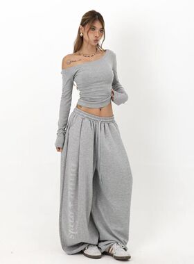 美式复古灰色重工烫钻字母运动裤女潮牌爵士舞阔腿休闲直筒卫裤秋