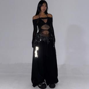 BLINGGIRLS复古街头运动美式反光字母嘻哈直筒新款阔腿拖地工装裤