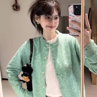 法式气质薄荷绿卷边针织开衫毛衣外套女春秋软糯绿色上衣早春外搭