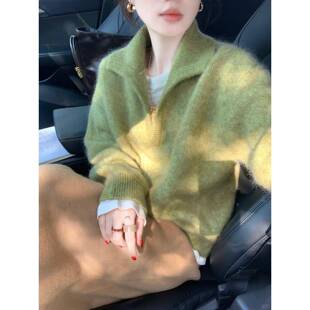 欧货老钱风绿色v领针织衫毛衣女秋冬慵懒高级感加厚翻领针织上衣