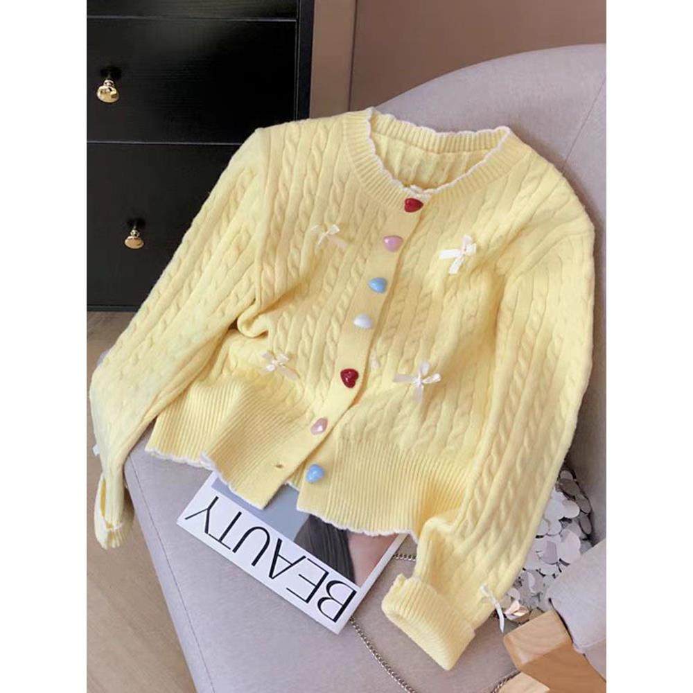 甜美麻花爱心扣外套蝴蝶结短款针织开衫女春秋新款韩系软糯上衣潮