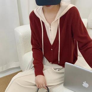2025秋装新款拼接撞色半拉链连帽针织衫休闲套头假两件长袖上衣女
