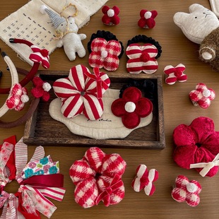 红色系新年格纹花朵马尾丸子头大发圈皮筋儿童高弹发绳小女孩发饰