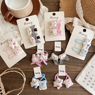 一对装 韩系儿童可爱小熊兔子蝴蝶结发圈碎发刘海边夹发卡宝宝头饰