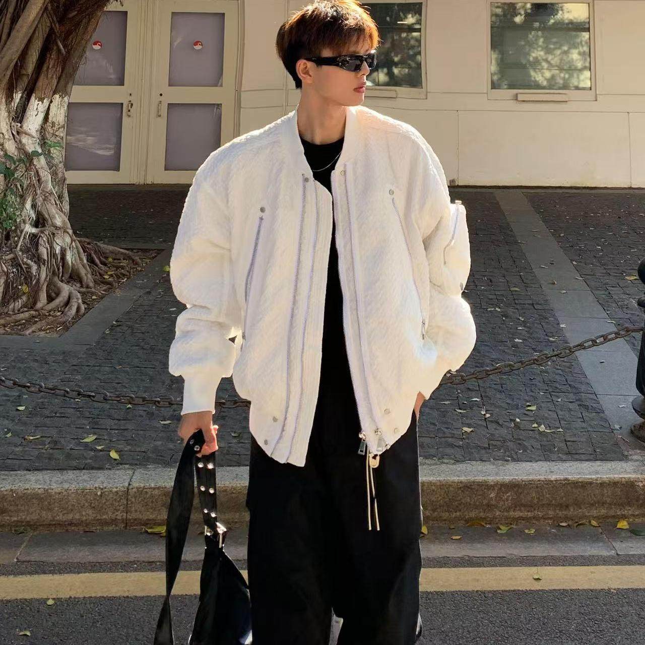 美式褶皱解构双拉链棒球服夹克