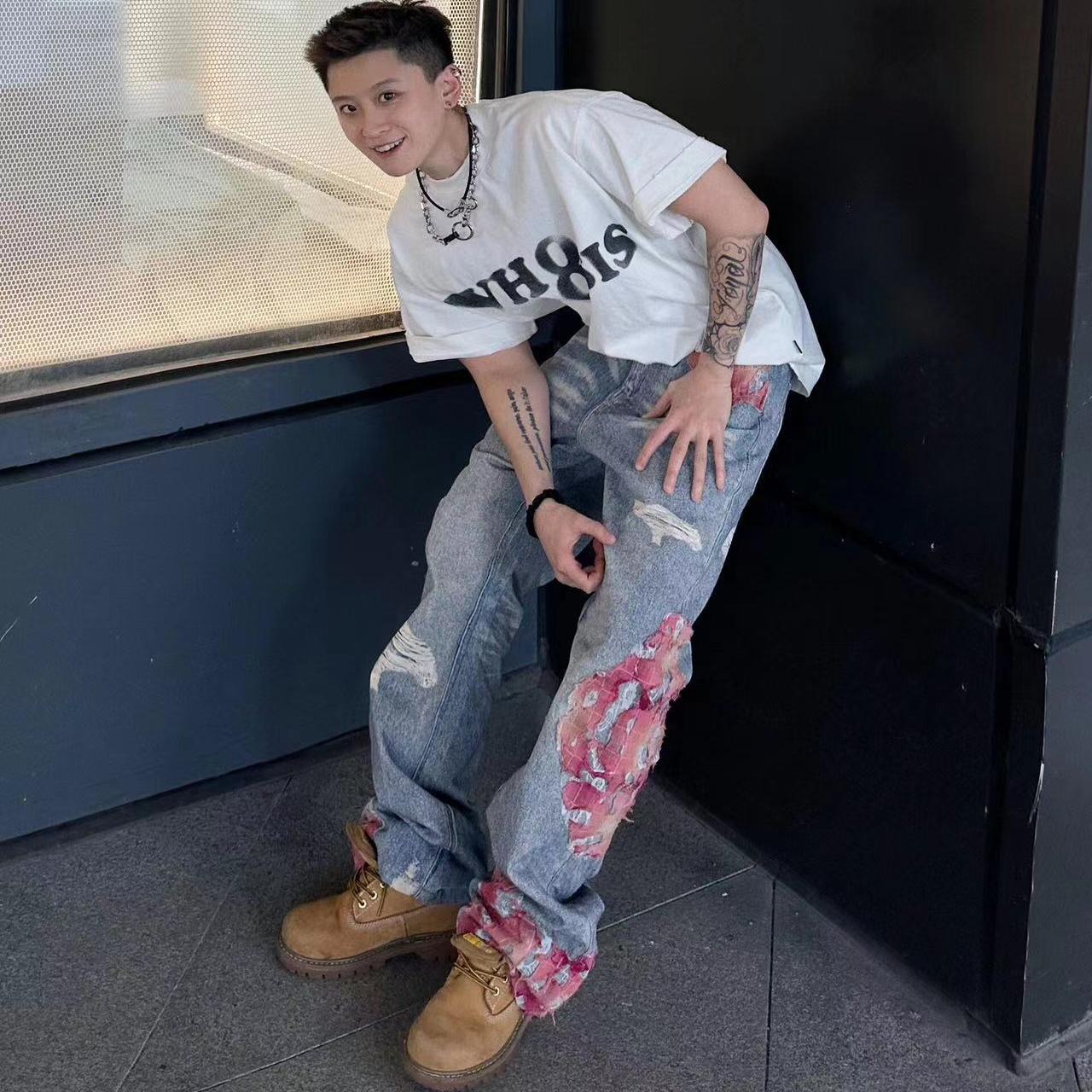 美式朋克拼接设计感牛仔裤男女