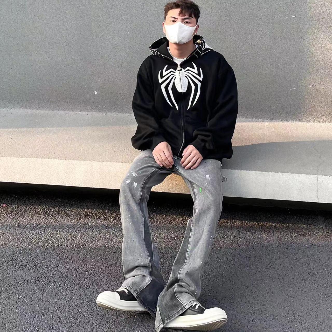 国潮高街hiphop蜘蛛植绒连帽卫衣外套男春秋美式情侣开衫拉链上衣