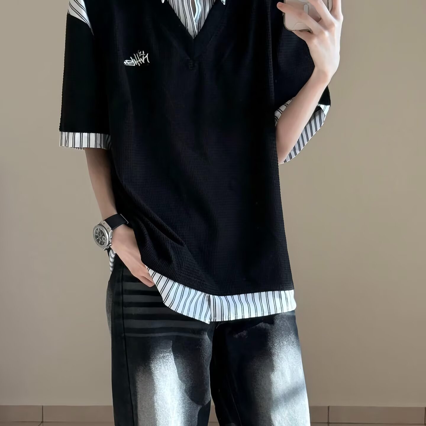 美式假两件条纹POLO领T恤男女
