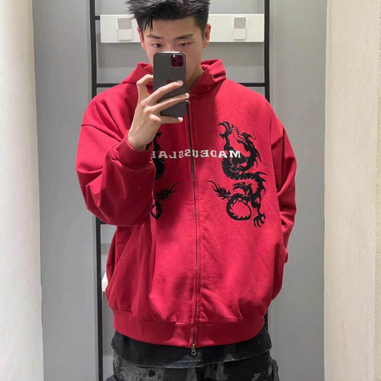 本命年龙年红色连帽卫衣外套女设计感小众春季美式长袖休闲上衣潮